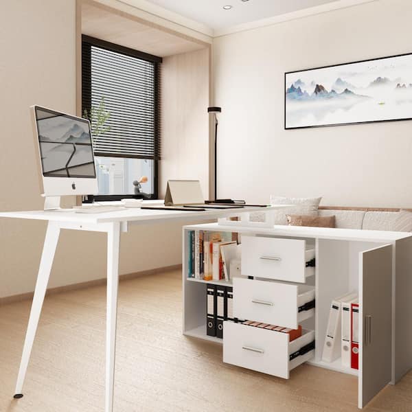 55.1 in. L-Shaped White Wood Writing Desk Executive Desk with USB Inte