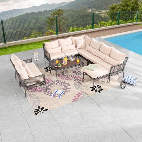 Patio Festival 10-Piece Wicker Outdoor Conversation Set with Beige Cushions