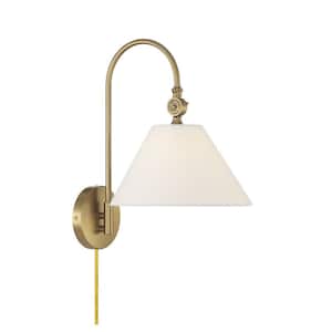 10 in. W x 16 in. H 1-Light Natural Brass Adjustable Wall Sconce with White Fabric Shade