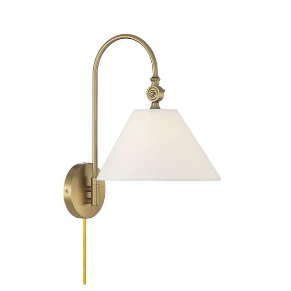 Savoy House 10 in. W x 16 in. H 1-Light Natural Brass Adjustable Wall Sconce with White Fabric Shade