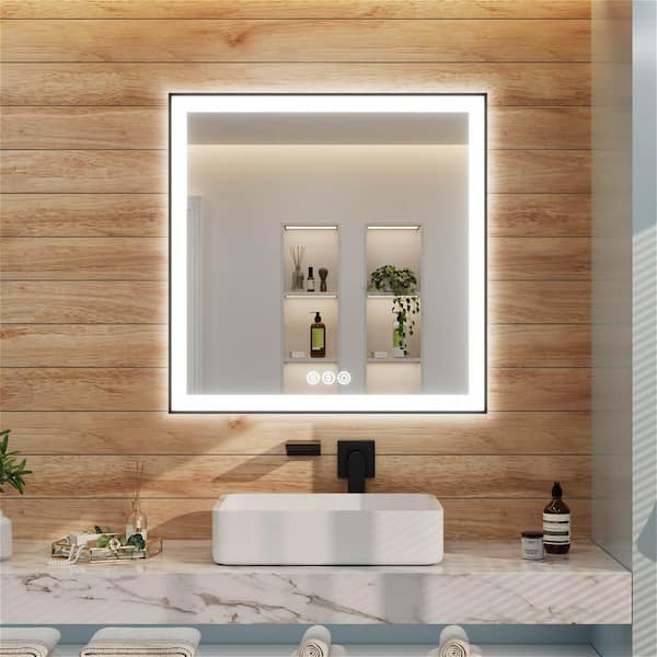 36 in. W x 36 in. H Rectangular Framed LED Light with 3-Color and Anti-Fog Wall Mount Bathroom Vanity Mirror in Black