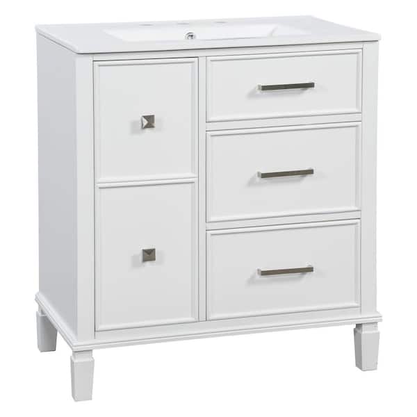 30 in. W x 34 in. H Solid Wood Bath Vanity in White with Flip-Out Drawer and Ceramic Top in White