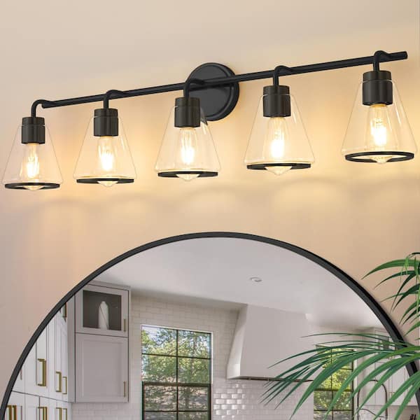 Modern 38.5 in. 5-Light Black Vanity Light with Glass Shade with Metal Ring, Dimmable Sconces Wall Lighting for Bathroom