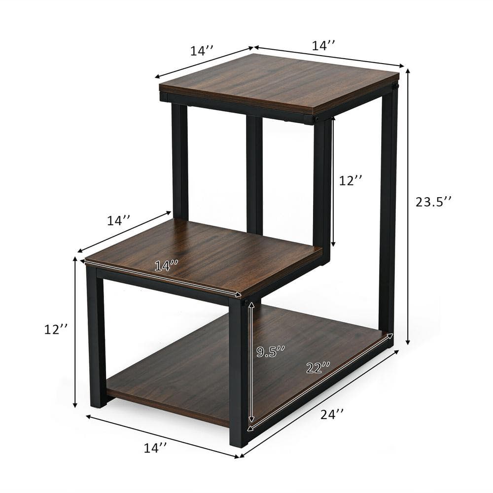 Brown Wood and Metal 3-Tier End Table with Storage