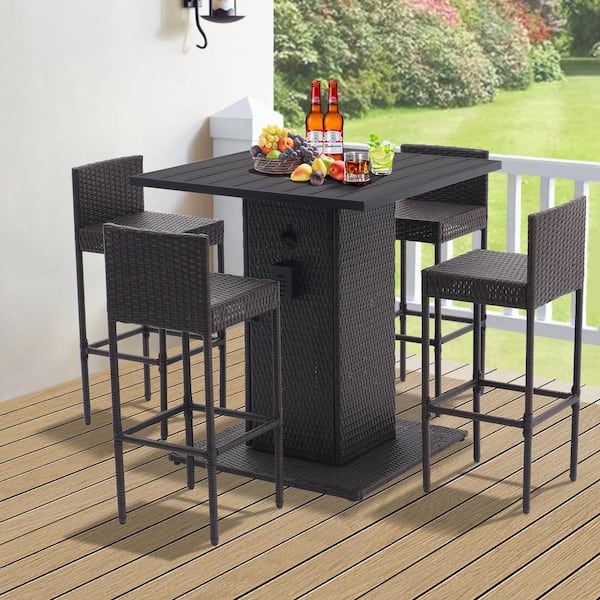 Zeus & Ruta Dark Coffee 5-Piece Metal Wicker Outdoor Dining Set with Four Bar Chairs and Square Bar Table