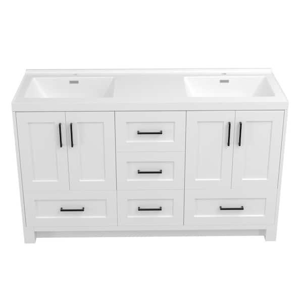 Zeafive 60 in. Double Sink White Bath Vanity with White Solid Surface Top & Basin Solid Wood Freestanding Bathroom Cabinet