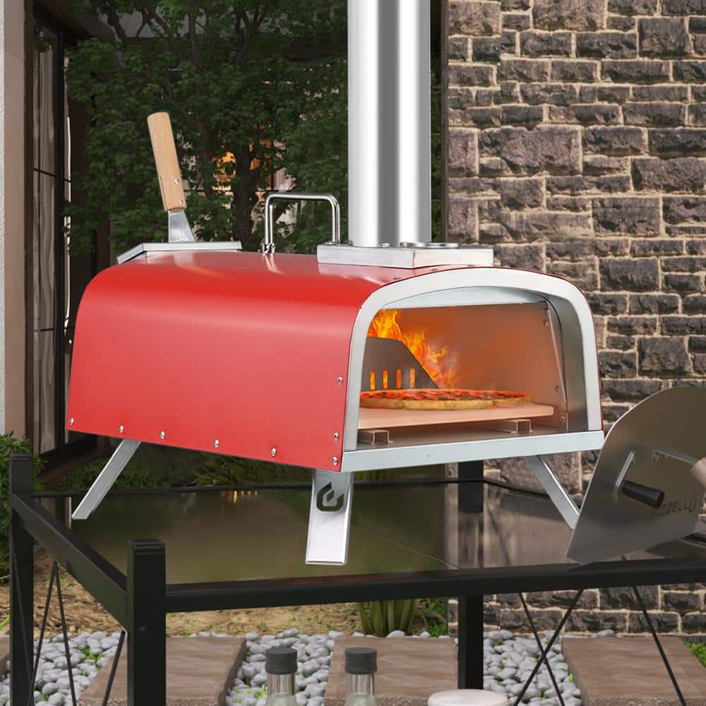 12" Red Stainless Steel Outdoor Gas and Wood Pizza Oven