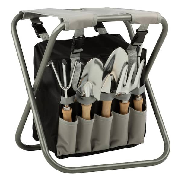 Pure Garden Gray Metal Garden Stool - Garden Tools Set - Folding Stool with Detachable 7-Pocket Bag and 5-Gardening Tools