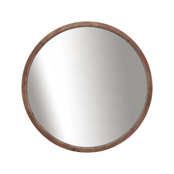 Brown 32 in. x 32 in. Round Wood Fir Framed Mirror