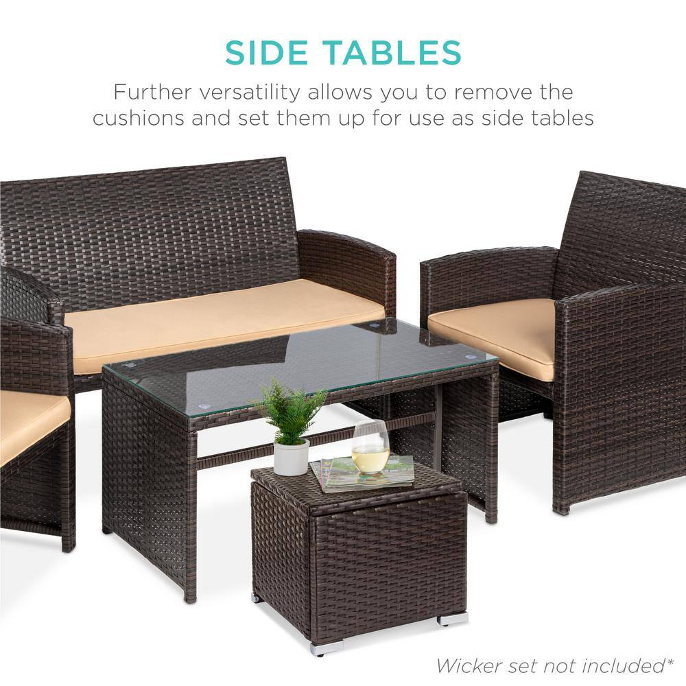 Brown Steel Frame Outdoor Wicker Ottomans with Beige Cushions