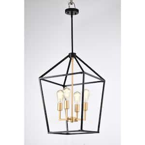 Indoor 4-Light Black Finish Linear Geometric Metal Uplight Cage Pendant Light without Shade Adjustable Height