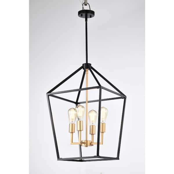 Unbranded Indoor 4-Light Black Finish Linear Geometric Metal Uplight Cage Pendant Light without Shade Adjustable Height