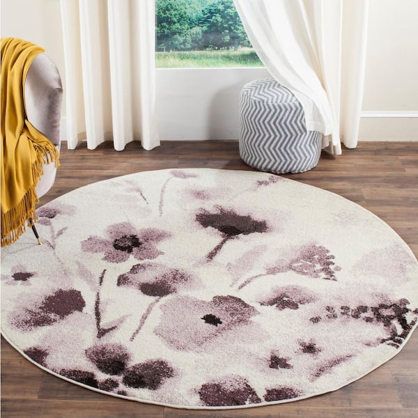 Adirondack Ivory/Purple 4 ft. x 4 ft. Round Gradient Floral Area Rug