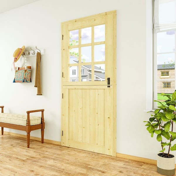 36 in. x 80 in. Solid Pine Universal 9-Lite Clear Glass Unfinished Dutch Wood Prehung Front Door +Quick Assemble Jamb
