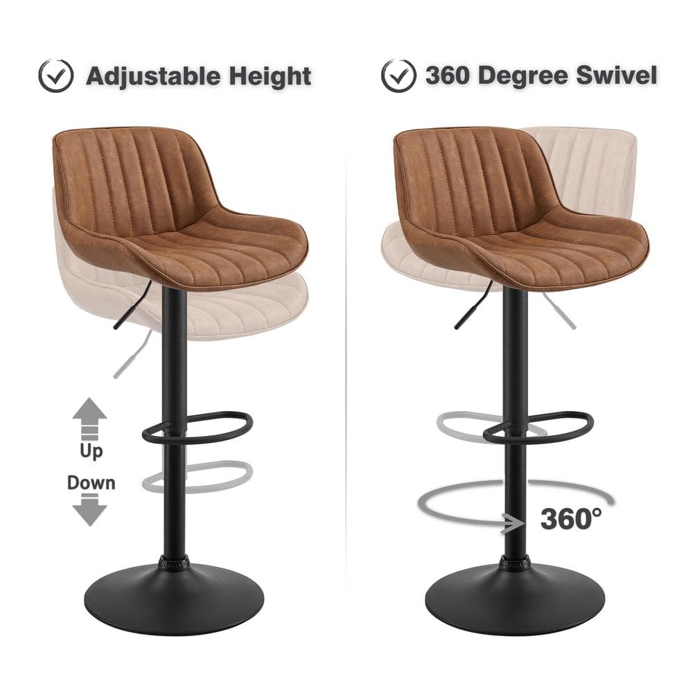 Cognac Faux Leather Adjustable Swivel Bar Stools with Black Base, Set of 2