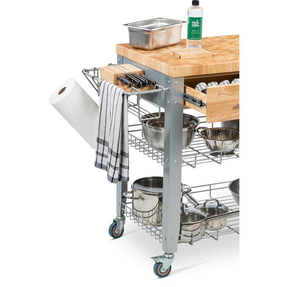Natural Wood and Metal Kitchen Cart with Spice Rack