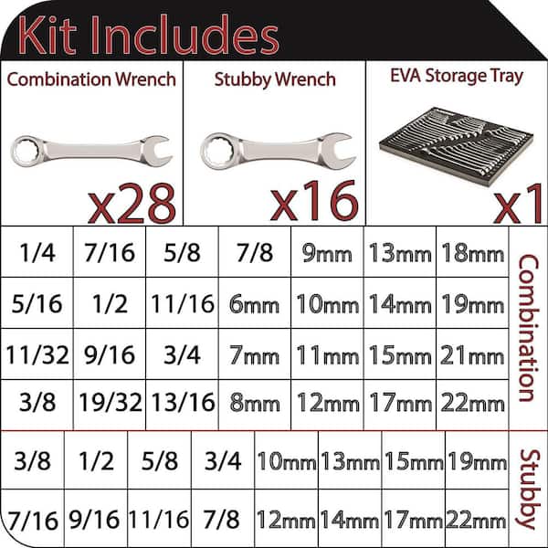 SAE/MM Combination Wrench Set with EVA Storage (44-Piece)