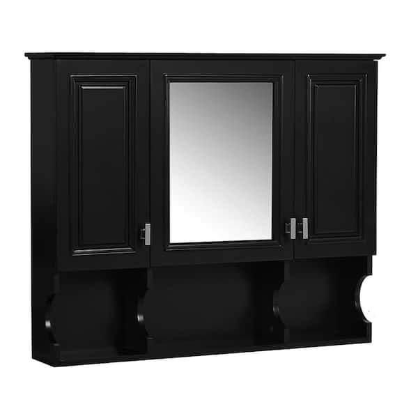 35 in. W x 28 in.H x 7.3 in. D Wall Mounted Bathroom Storage Wall Cabinet with Mirror and 2 Doors in Black