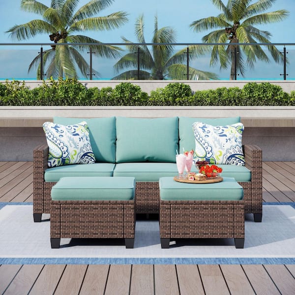 PHI VILLA Brown Rattan Wicker 5 Seat 3-Piece Steel Outdoor Patio Conversation Set with Blue Cushions and 2 Ottomans