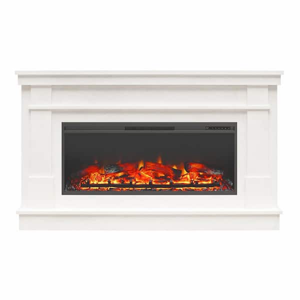 Elmcrest 64 in. Wide Freestanding Mantel with Linear Electric Fireplace in Plaster