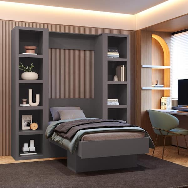 Easy-Lift Gray Wood Frame Twin Murphy Bed in Dark Grey with Bookshelf