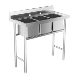 39 in. Freestanding Stainless Steel 3-Compartment Commercial Kitchen Sink with Drainboard