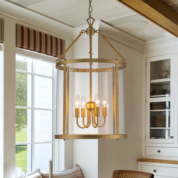 Ellison Industrial 4-Light Brass Lantern Geometric Chandelier with Glass Shade
