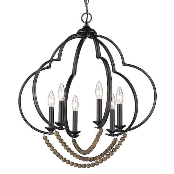 Flori 6-Light Matte Black Espresso Wood Beads Lantern Pendant Light