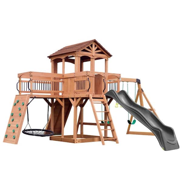 Backyard Discovery Sterling Point All Cedar Wood Children's Swing Set Playset with Elevated Clubhouse Balcony Web Swing and Gray Wave Slide