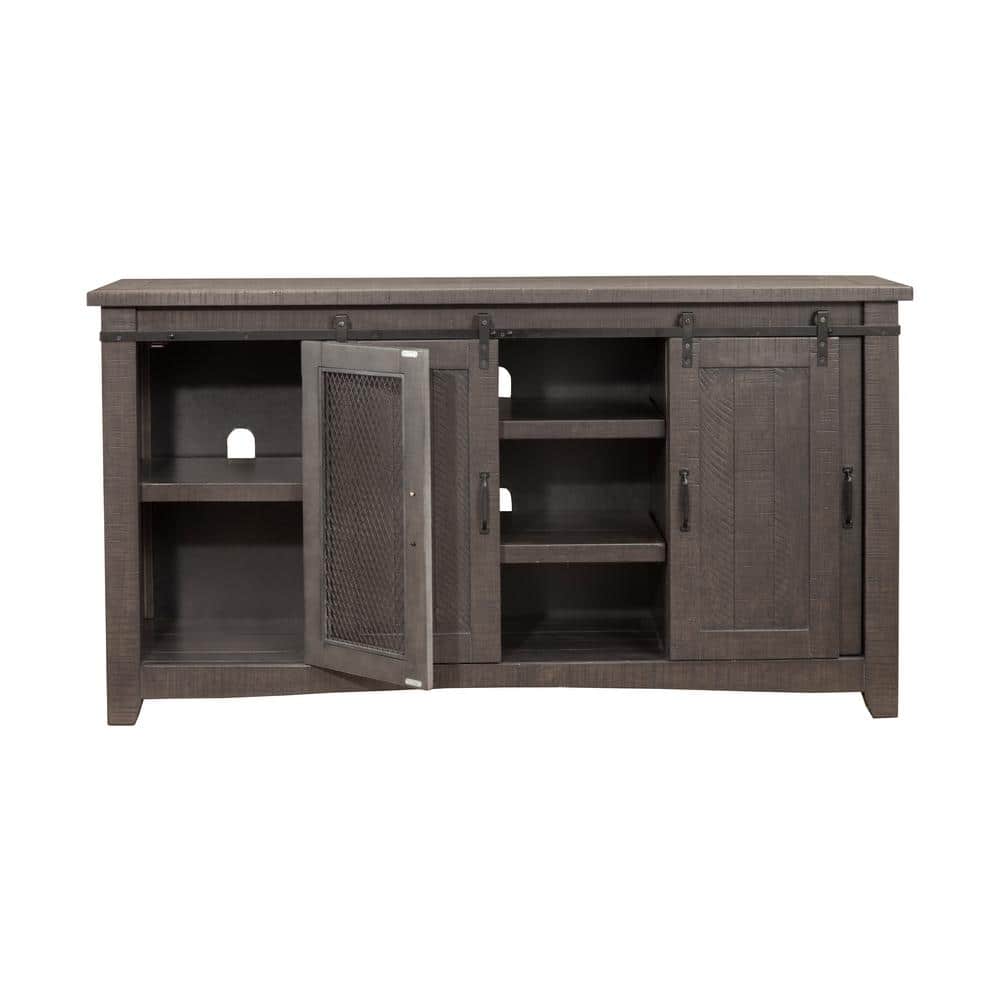 Rustic Sierra 65" Solid Pine TV Stand with Mesh Doors - Gray Finish
