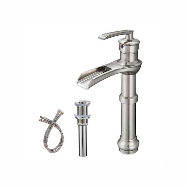 FORCLOVER Single Handle Waterfall Single Hole Bathroom Vessel Sink Faucet with Pop-Up Drain Assembly in Brushed Nickel