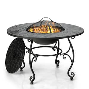 35.5 in. Black Metal Patio Outdoor Wood Burning Fire Pit Table Multifunctional Dining Table with Cooking BBQ Grate