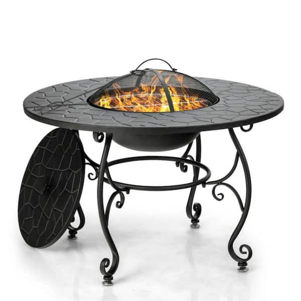 Clihome 35.5 in. Black Metal Patio Outdoor Wood Burning Fire Pit Table Multifunctional Dining Table with Cooking BBQ Grate