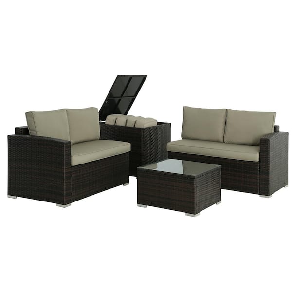 Zeus & Ruta 4 Piece Brown Wicker Outdoor Sectional Sofa Loveseat Set with Khaki Cushions Storage Box Glass Top Table