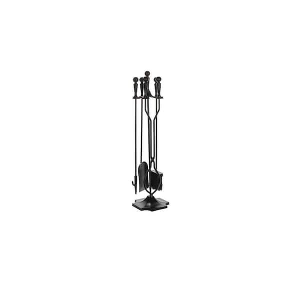 5-Piece Black Fireplace Tool Set with Ball Handles and Pedestal Base