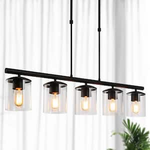 Modern 5-Light 37 in. Matte Black Linear Island Chandelier with Clear Glass Shades, Kitchen Hanging Pendant Light