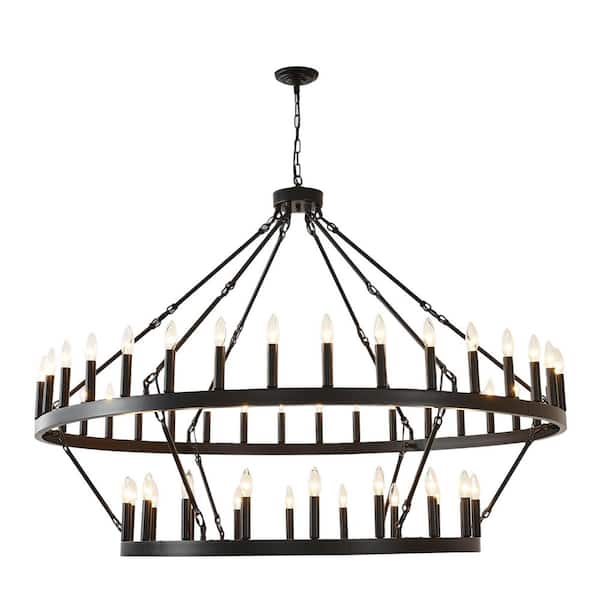 2 Tier 54-Lights Large Black Wagon Wheel Chandelier, 60 Inch Farmhouse Round Pendant Light Fixture for high Ceiling E12