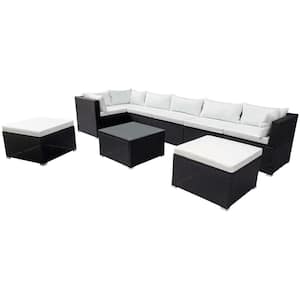 Black 9-Piece Wicker Metal Outdoor Sectional with Beige Cushions