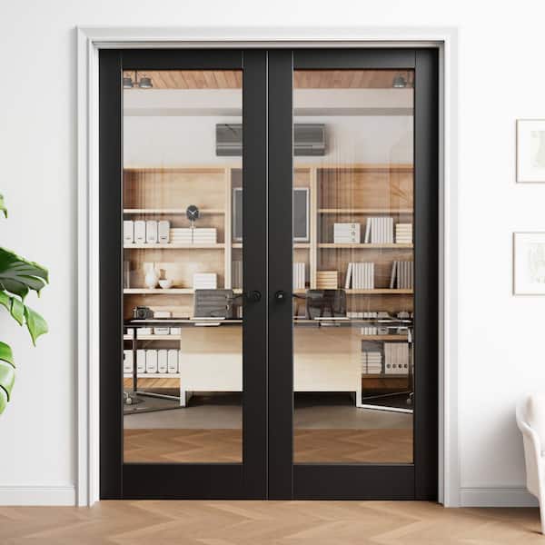 64 in. x 80 in. 1-Lite ClearGlass Universal-Hand Black Solid CoreGlass Double Prehung French Door+ Quick Assemble Jamb