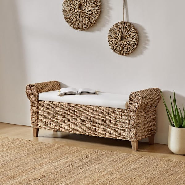 JAYDEN CREATION August Boho Inspired Bedroom Bench with Roll Arms Crafted from Water Hyacinth Natural BEVS0983 NAT