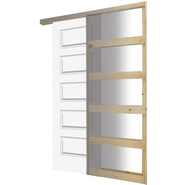 36 in. x 80 in. 5P Molded No Bore Solid Core White Primed Wood Interior Door Slab With Pocket Door Frame Hardware Kit