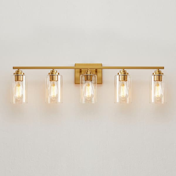 35 in. 5-Antique Brass Vanity Light with Clear Glass Shade