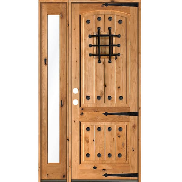 Krosswood Doors 62 in. x 96 in. Mediterranean Knotty Alder Right-Hand/Inswing Clear Glass Clear Stain Wood Prehung Front Door w/Sidelite