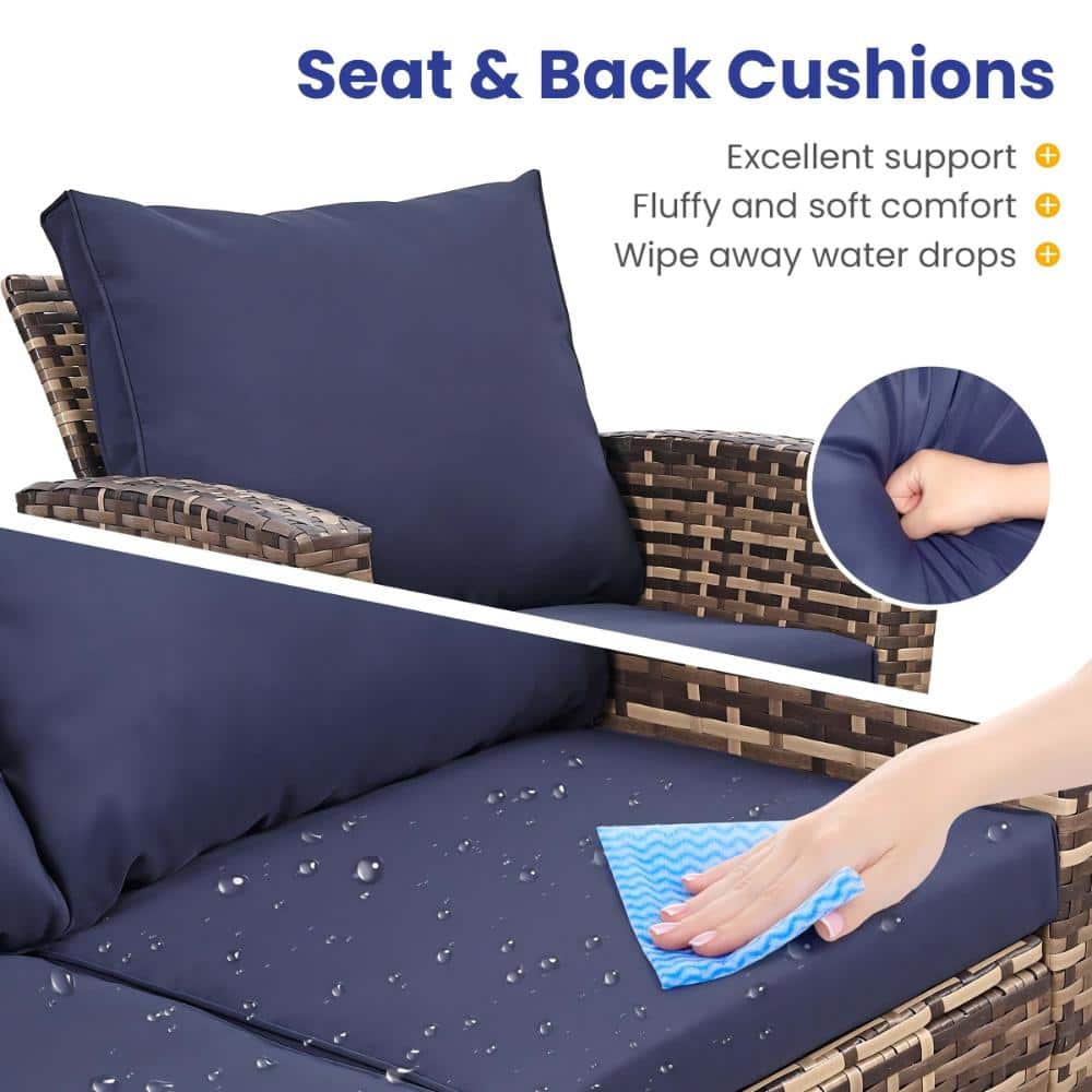 Close-up of navy blue water-resistant patio cushions.