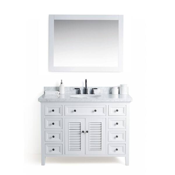 Legion Furniture 48 in. W x 22 in. D Vanity in White with Cararra Marble Vanity Top in White and Gray with White Basin and Mirror