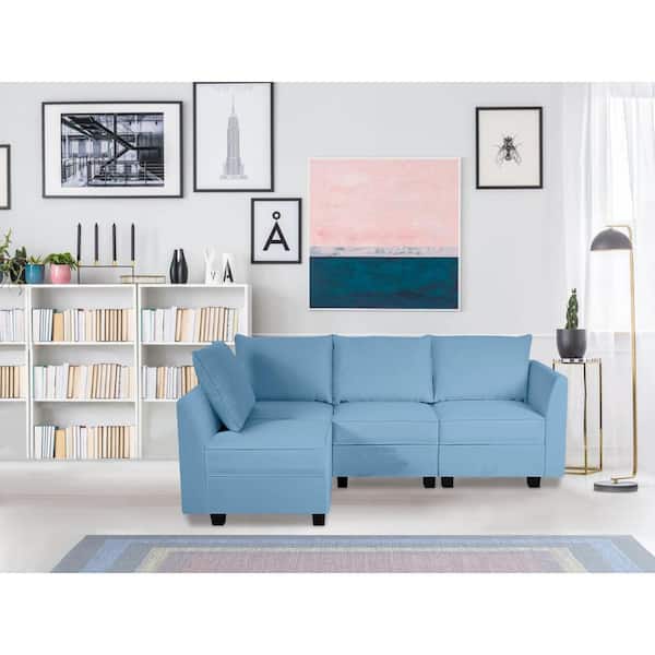 HOMESTOCK 112.8 in. Modern 4-Piece Linen Upholstered Sectional Sofa Bed - Robin Egg Blue - Sofa Couch for Living Room/Office