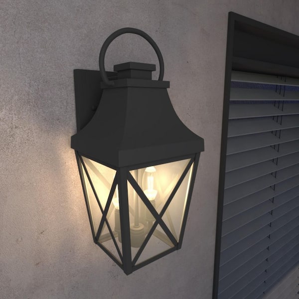 15.88 in. Outdoor Wall 2-Light, Matte Black Waterproof Porch Sconce with Clear Glass, with E12 Base(1-Pack, No Bulbs)