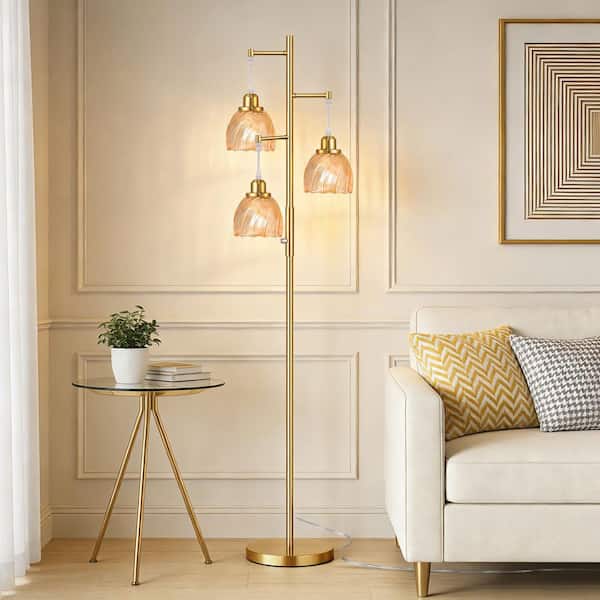 ROTTOGOON 66 in. Gold Mid Century 3-Light Dimmable Tree Floor Lamp