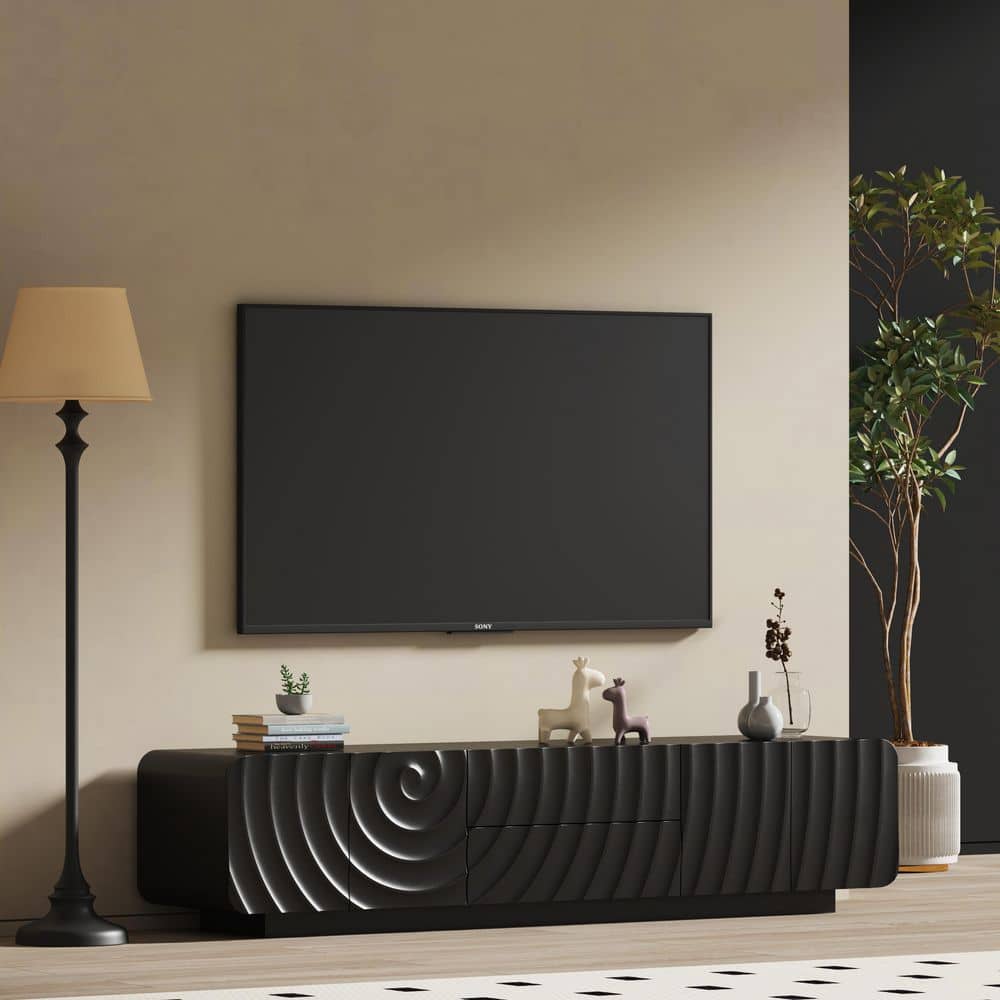 Jumana Black Mid Century Unique Spiral Wave Design Wood TV Console Fits TVs Up to 69 in. with Storage Cabinet