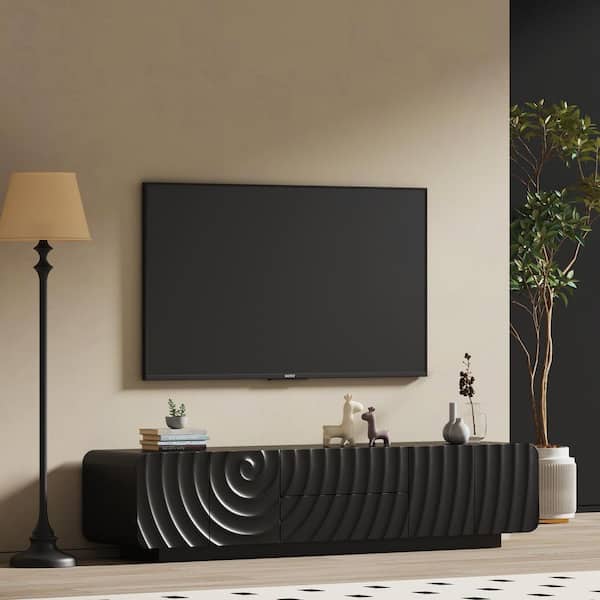 Jumana Black Mid Century Unique Spiral Wave Design Wood TV Console Fits TVs Up to 69 in. with Storage Cabinet